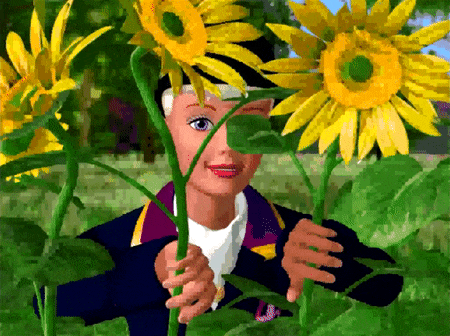Scene from a Barbie video game where Barbie parts sunflowers with her hands and leans forward
