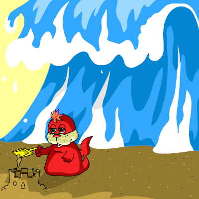 Still image of a Tuskaninny about to be hit by a huge wave