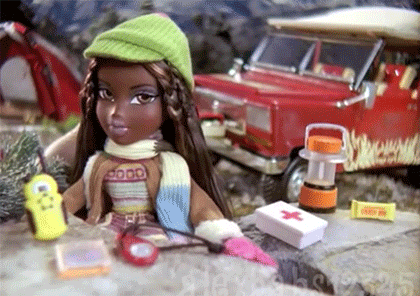 Scene from a commercial of a Bratz doll looking at the camera and shaking her head