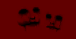 Loading screen from Deadly Premonition showing spooky faces on a red background