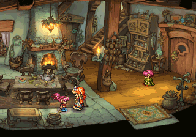 Scene from the game Legend of Mana where little girl Liza flies into the air comedically