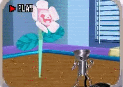 Scene from Chibi Robo Park Patrol where Chibi dances next to a  flower