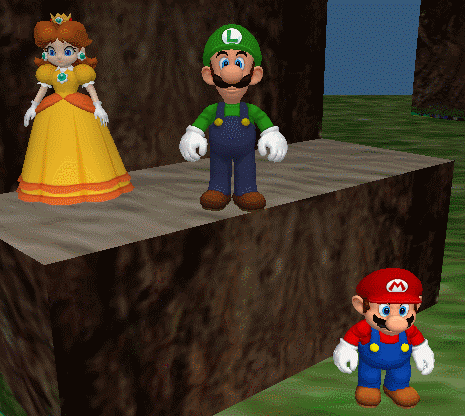 Scene of a glitch in Mario Party where Luigi flail and Mario flies into the air