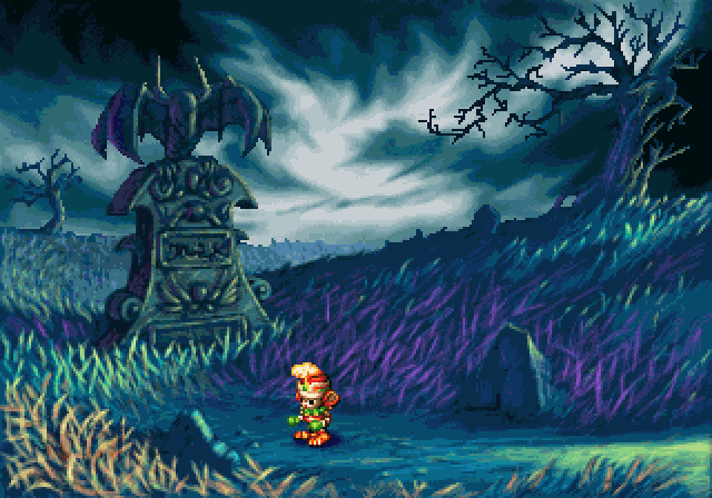 Scene from the game Legend of Mana where a Shadole ghost takes you to the Underworld