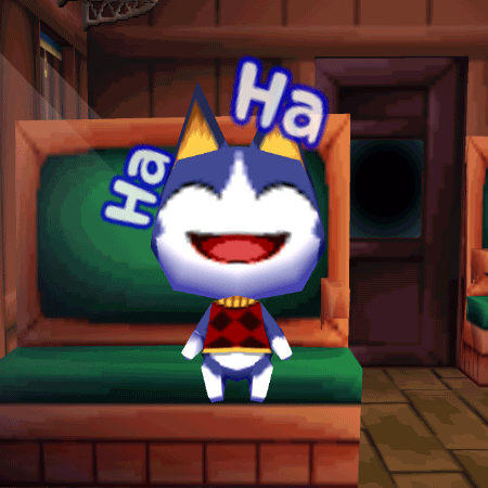 Scene from Animal Crossing of Rover on the train laughing