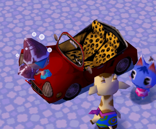 Scene from Animal Crossing of a player washing Gracie's car