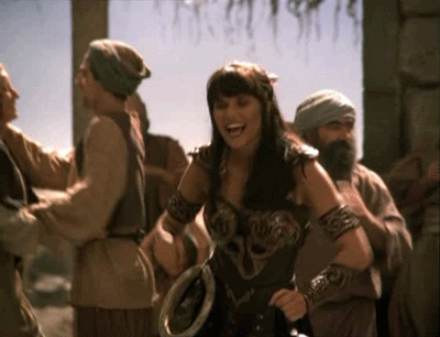 Scene from the show Xena: Warrior Princess where Xena does a goofy dance